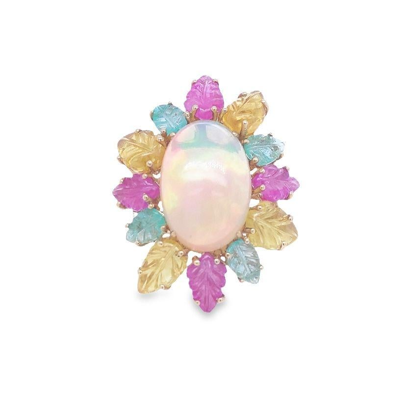 Contemporary RUCHI Opal and Carved Multi-Colored Sapphire Leaf Yellow Gold Cocktail Ring For Sale