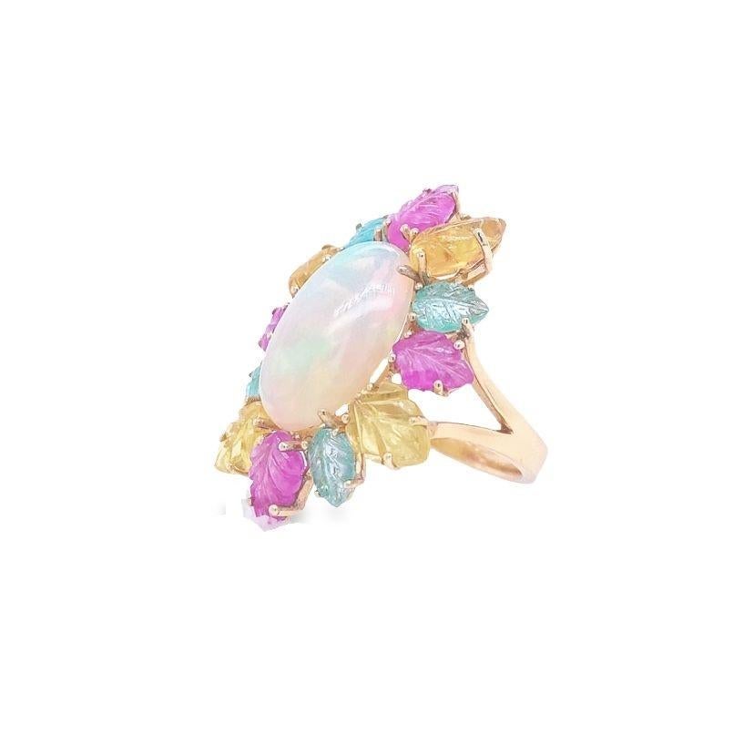 Mixed Cut RUCHI Opal and Carved Multi-Colored Sapphire Leaf Yellow Gold Cocktail Ring For Sale