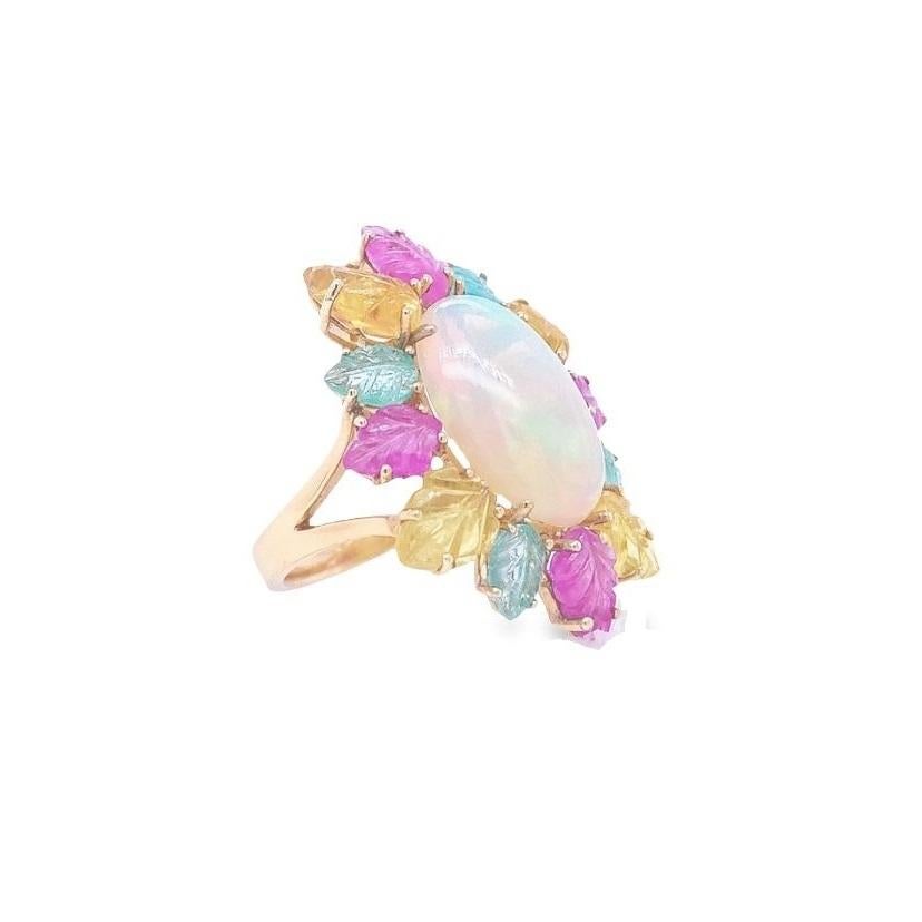 RUCHI Opal and Carved Multi-Colored Sapphire Leaf Yellow Gold Cocktail Ring In New Condition For Sale In New York, NY