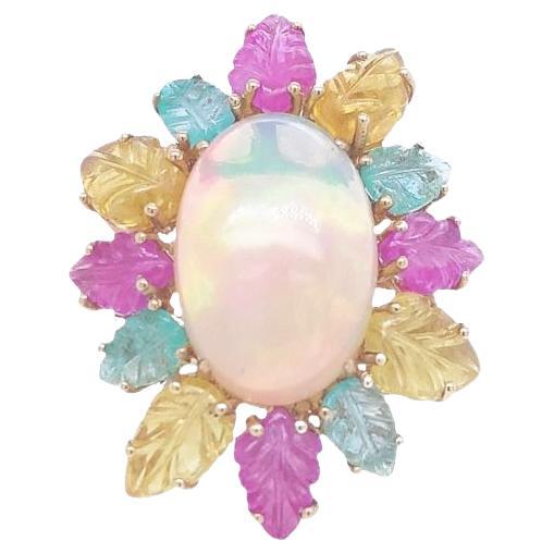RUCHI Opal and Carved Multi-Colored Sapphire Leaf Yellow Gold Cocktail Ring For Sale