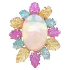 RUCHI Opal and Carved Multi-Colored Sapphire Leaf Yellow Gold Cocktail Ring