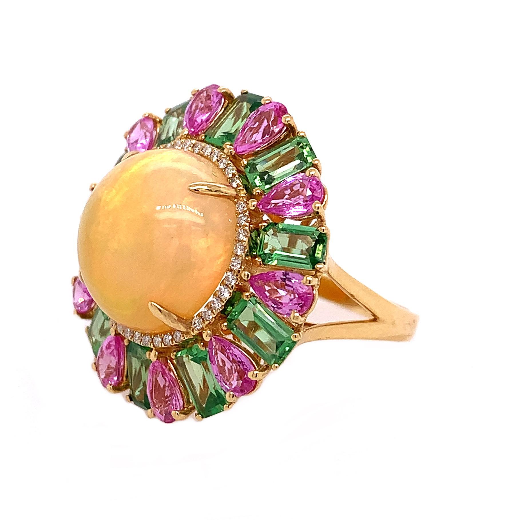 18K Yellow Gold
Ring Size 7
Ethiopian Opal: 6.93 Carats
Tourmaline: 3.23 Carats
Pink Sapphire: 2.55 Carats
Diamonds: 0.14 Carats