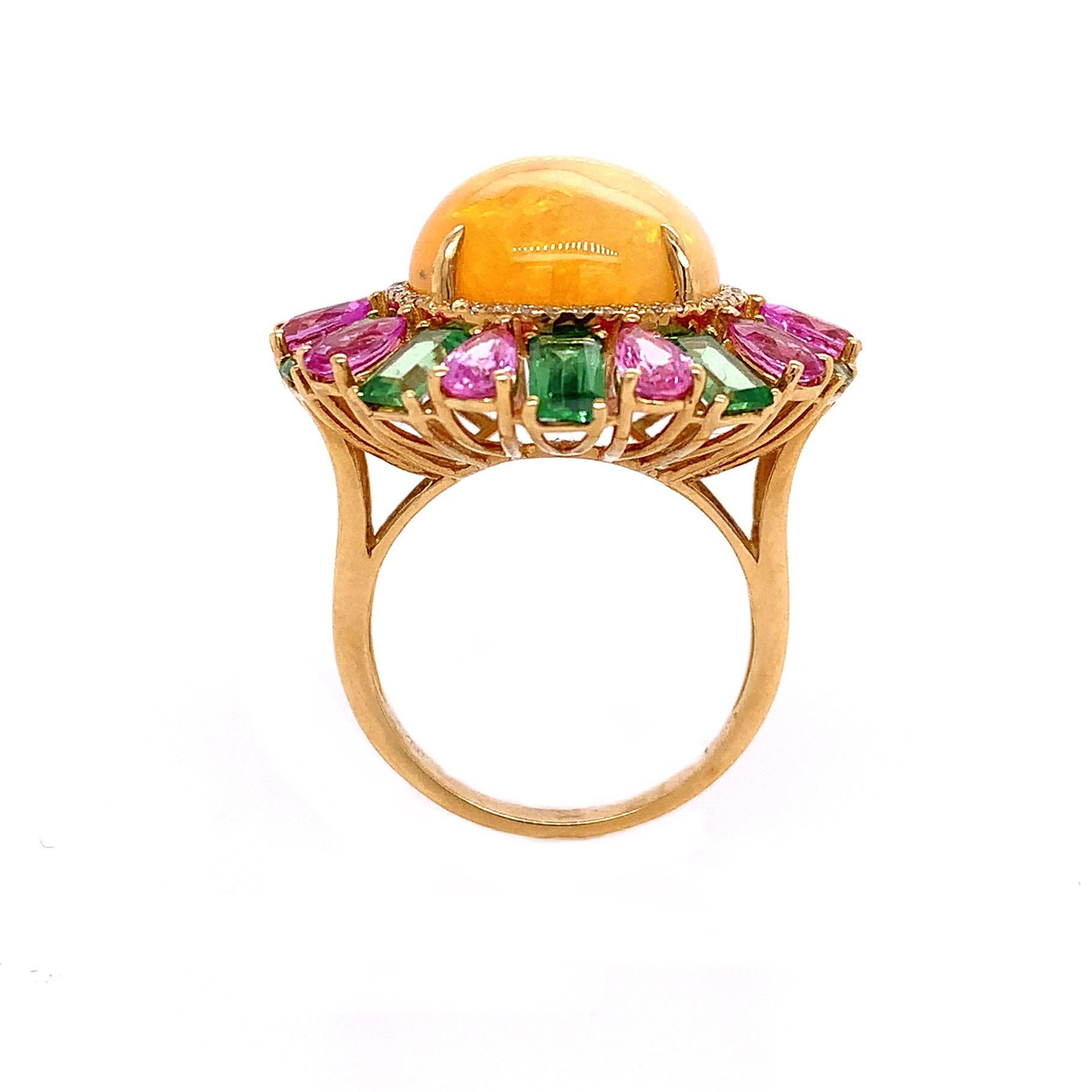 Contemporary RUCHI Opal, Pink Sapphire, Tourmaline and Diamond Yellow Gold Cocktail Ring For Sale