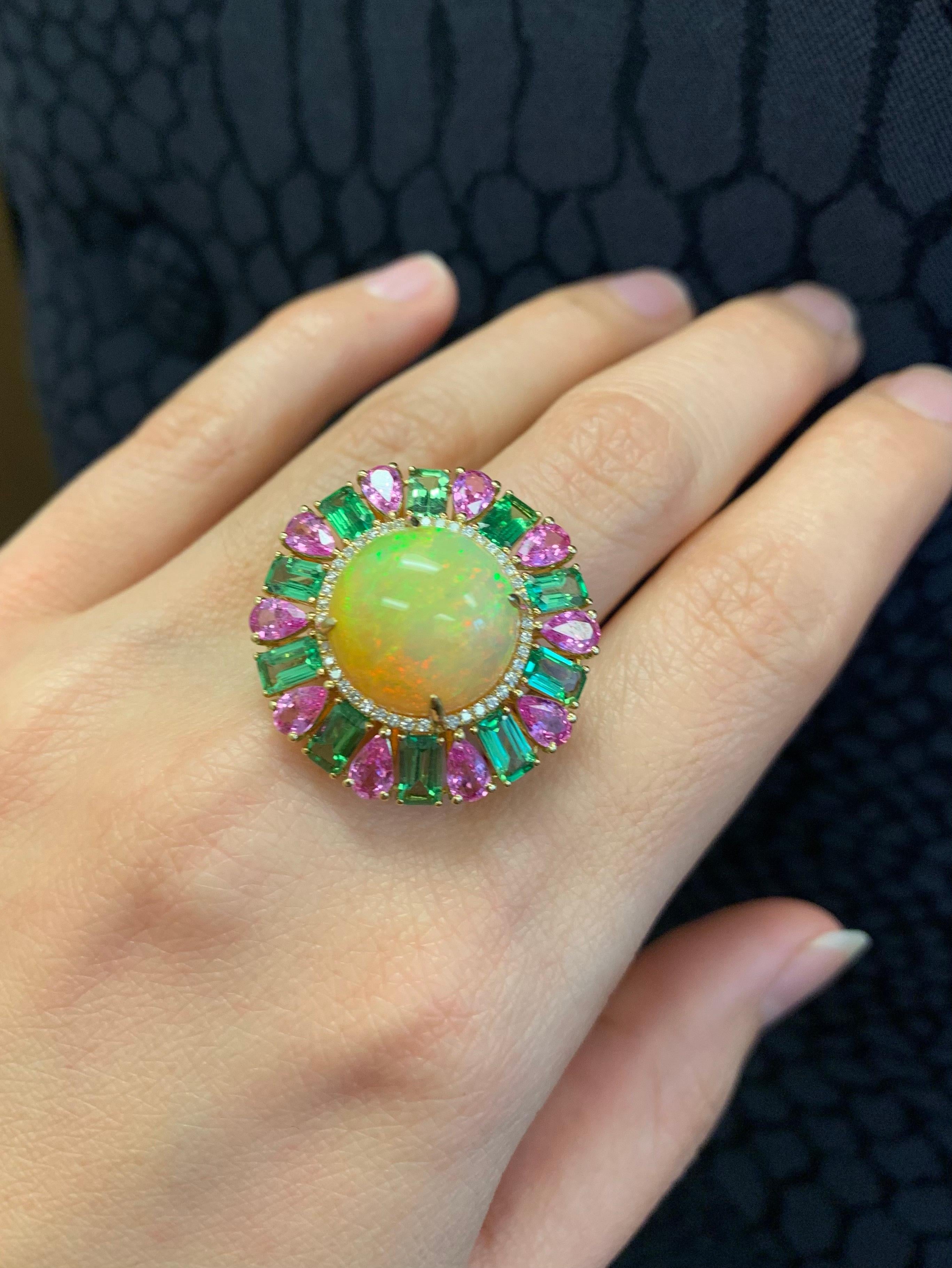 Mixed Cut RUCHI Opal, Pink Sapphire, Tourmaline and Diamond Yellow Gold Cocktail Ring For Sale