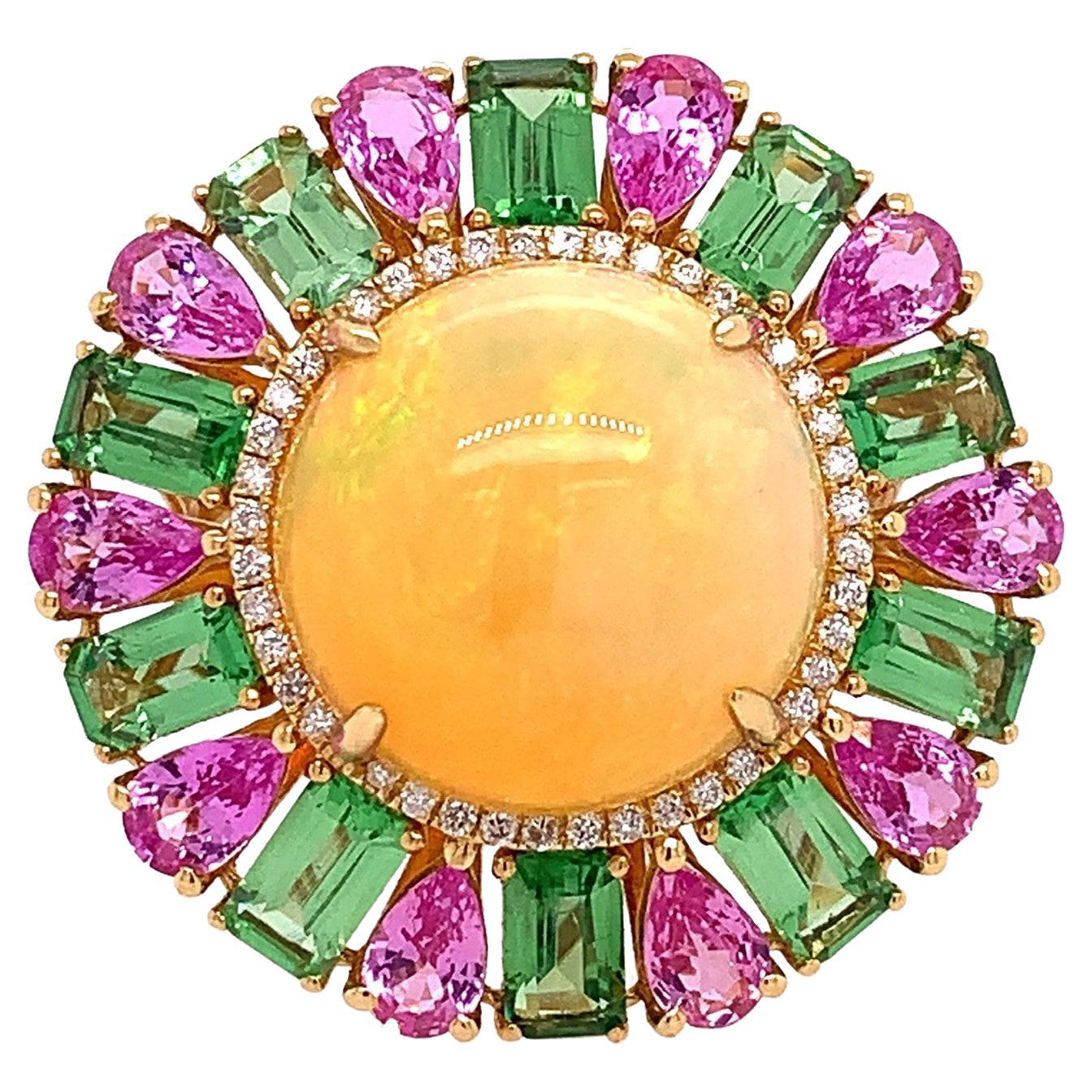 RUCHI Opal, Pink Sapphire, Tourmaline and Diamond Yellow Gold Cocktail Ring For Sale