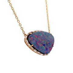 RUCHI Australian Opal with Baguette Diamond Halo Yellow Gold Pendant Necklace