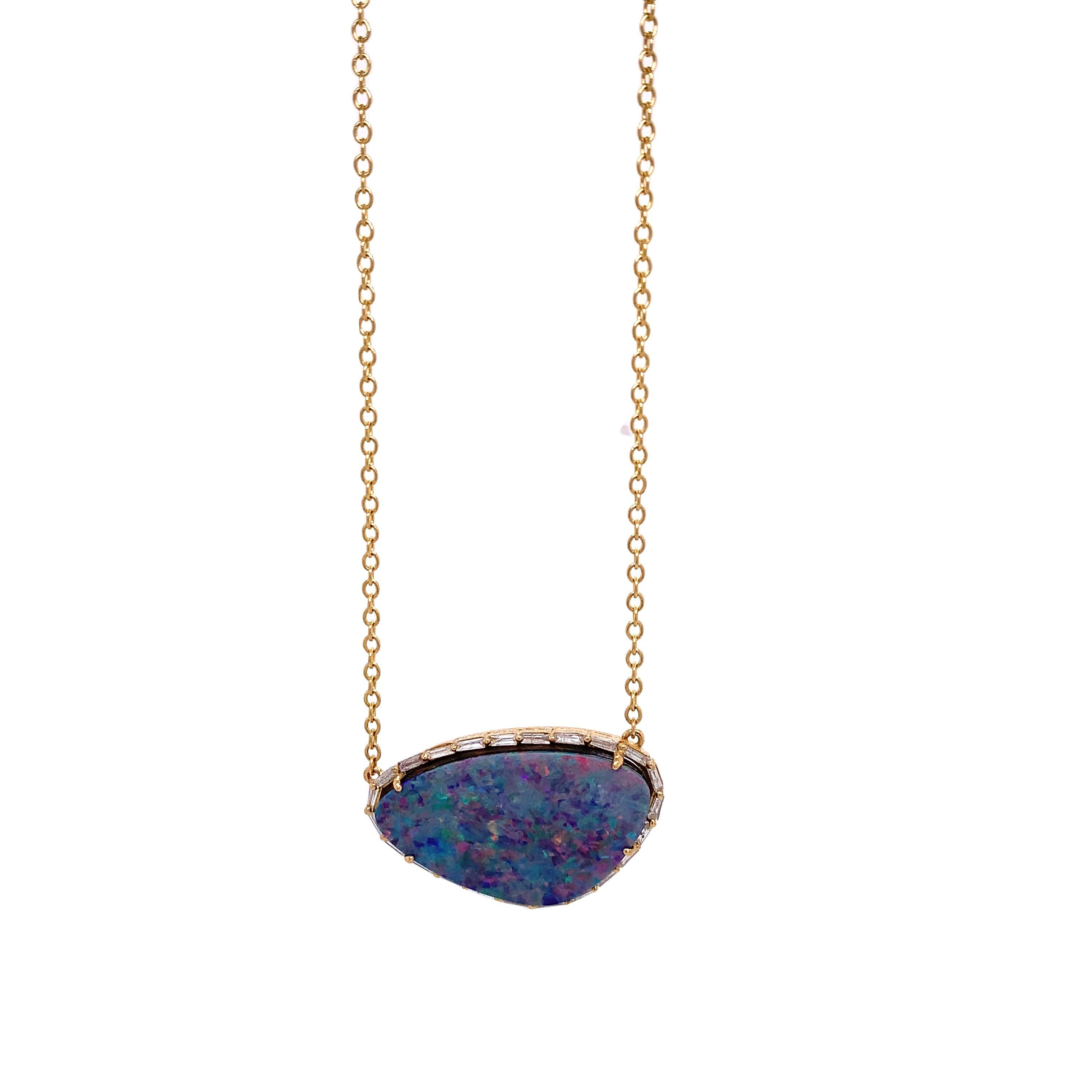 Contemporary RUCHI Australian Opal with Baguette Diamond Halo Yellow Gold Pendant Necklace For Sale