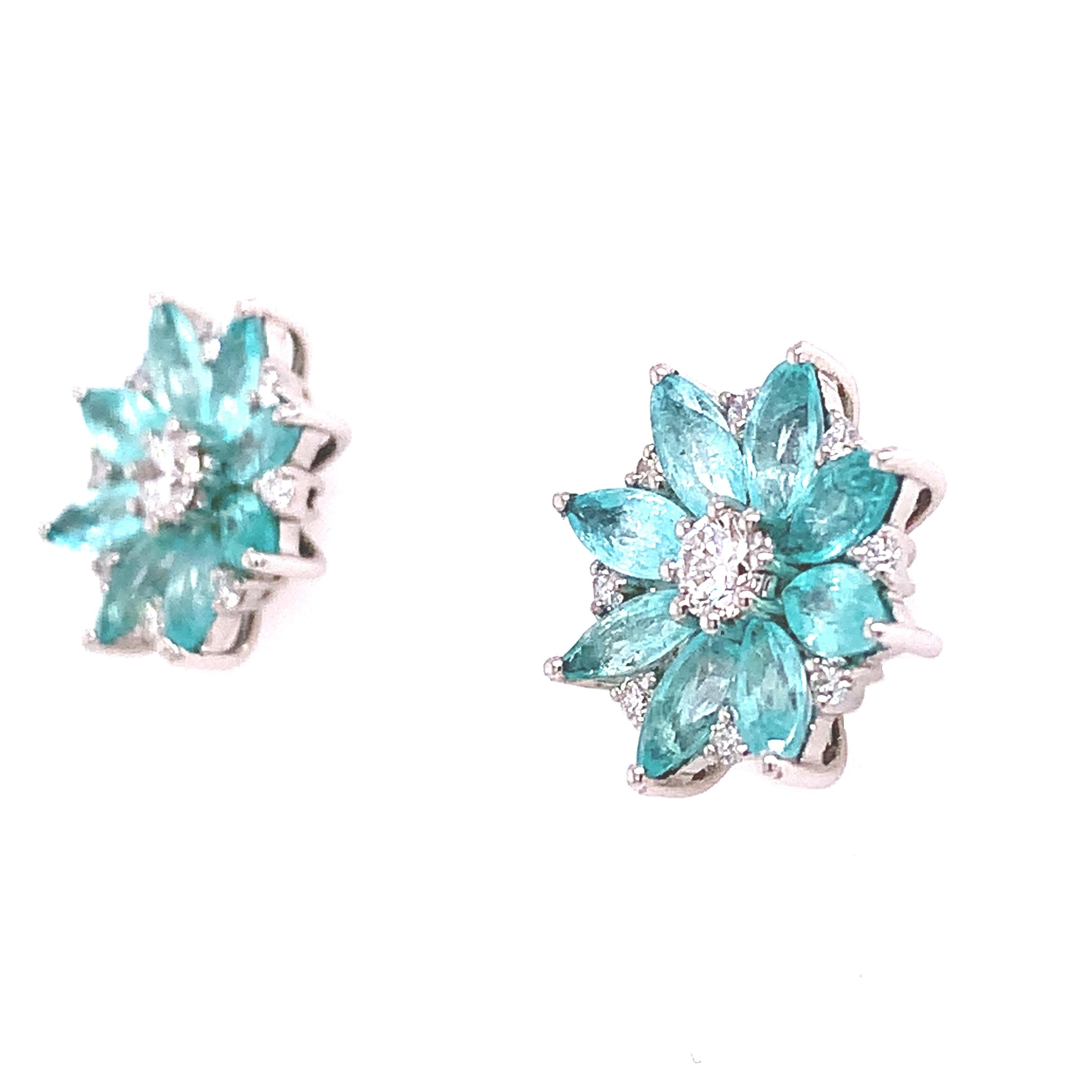 Exclusive Collection

Sparkling with the eternal glow of nature's most magnificent creation, the flower stud earrings have radiant Paraiba petals totaling 2.06 carats arranged around a brilliant Diamond center