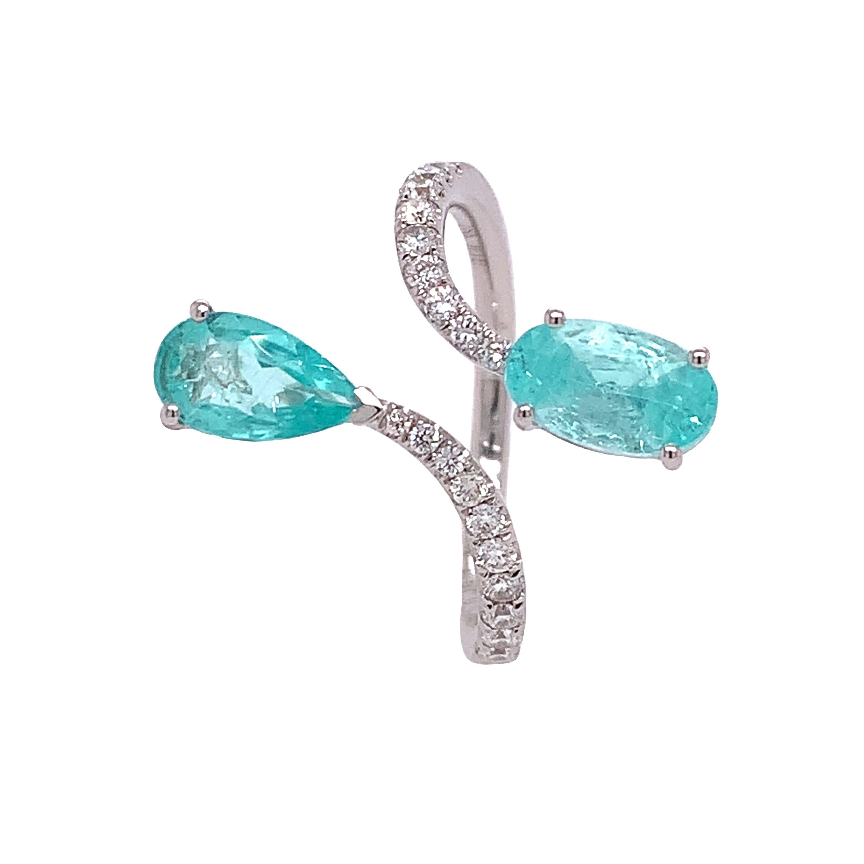 Mixed Cut RUCHI Paraiba & Diamond Accent White Gold Bypass Ring For Sale