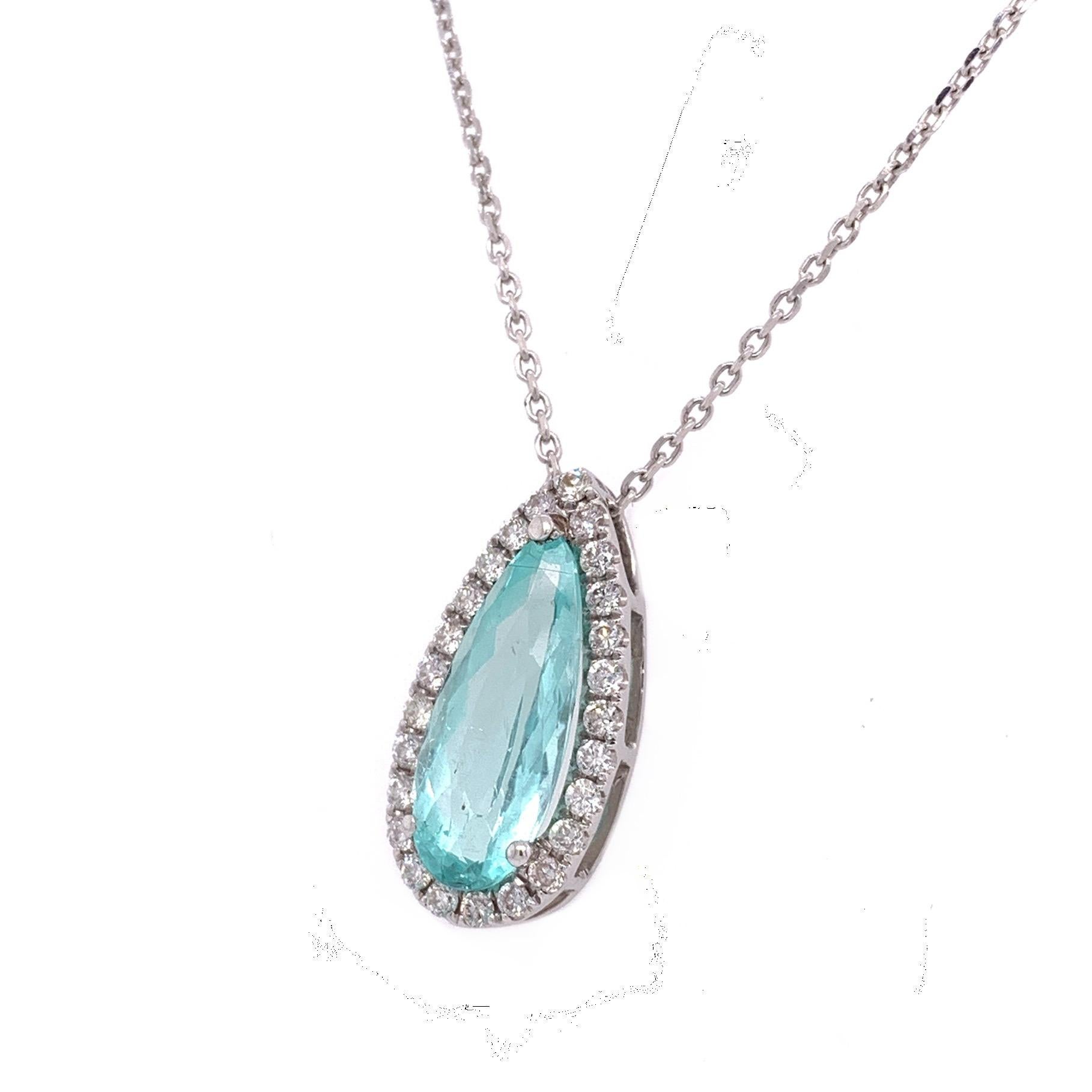 Exclusive Collection

Elongated pear shape Paraiba Tourmaline with Diamond halo set in 18K white gold with 16 inch chain. 

Paraiba Tourmaline: 2.47ct total weight. 
Diamonds: 0.31ct total weight. 
All diamonds are G-H/SI stones.

 