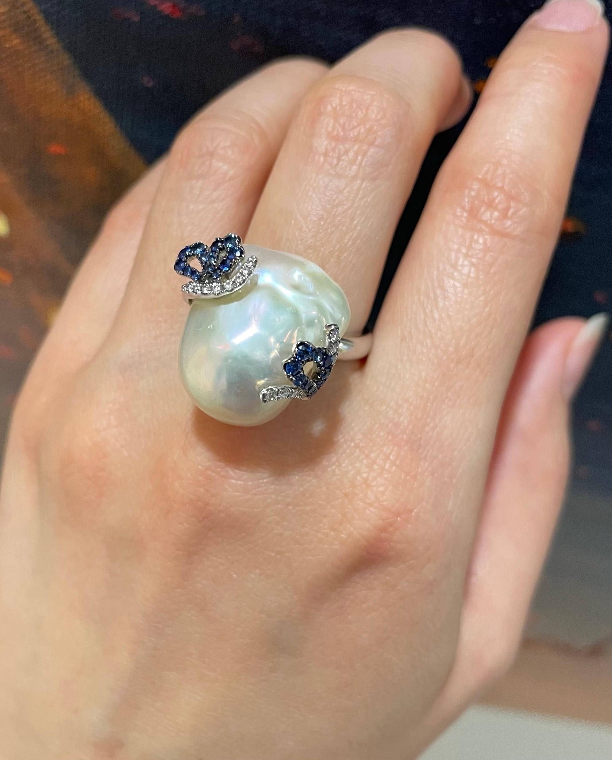 Contemporary RUCHI Baroque-Shape Pearl, Blue Sapphire and Diamond White Gold Ring For Sale