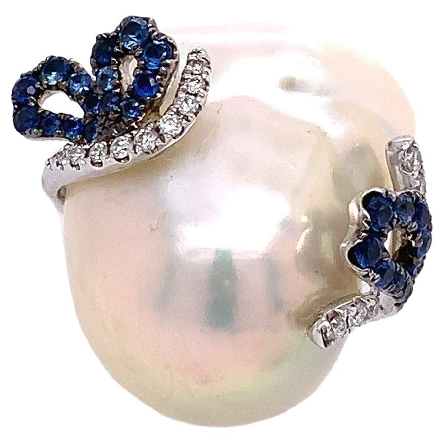 RUCHI Baroque-Shape Pearl, Blue Sapphire and Diamond White Gold Ring For Sale