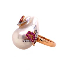 RUCHI Baroque-Shape Pearl, Pink Sapphire and Diamond White Gold Cocktail Ring