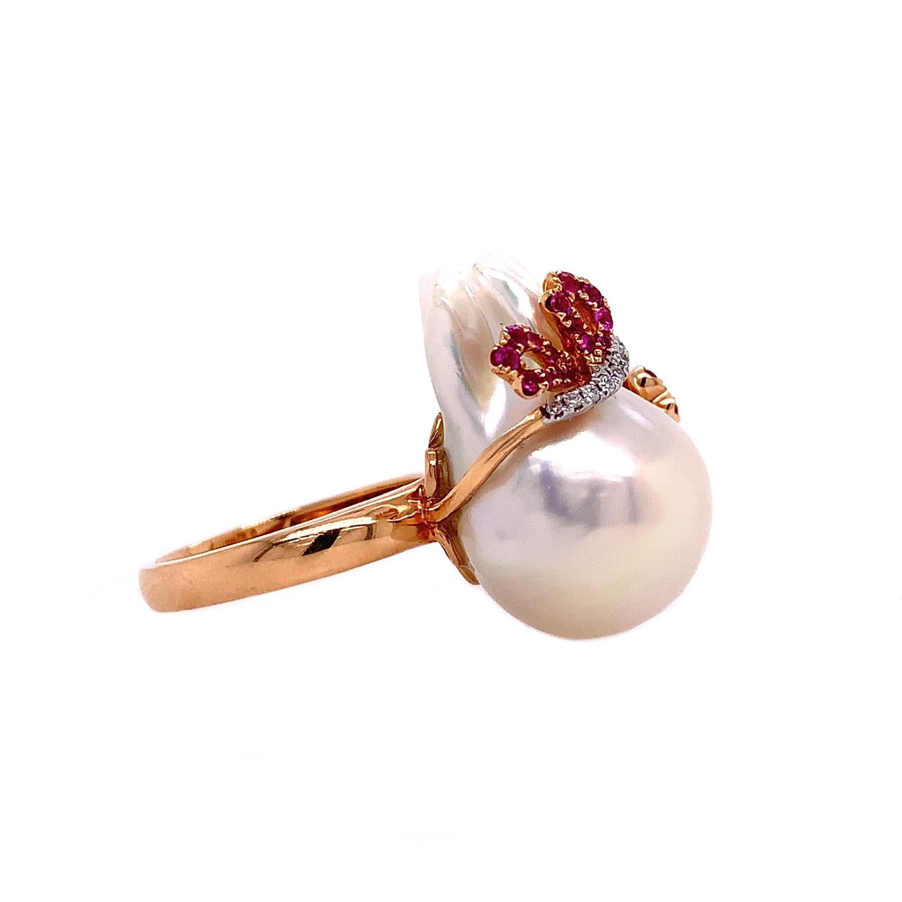 Contemporary RUCHI Baroque-Shape Pearl, Pink Sapphire and Diamond White Gold Cocktail Ring For Sale
