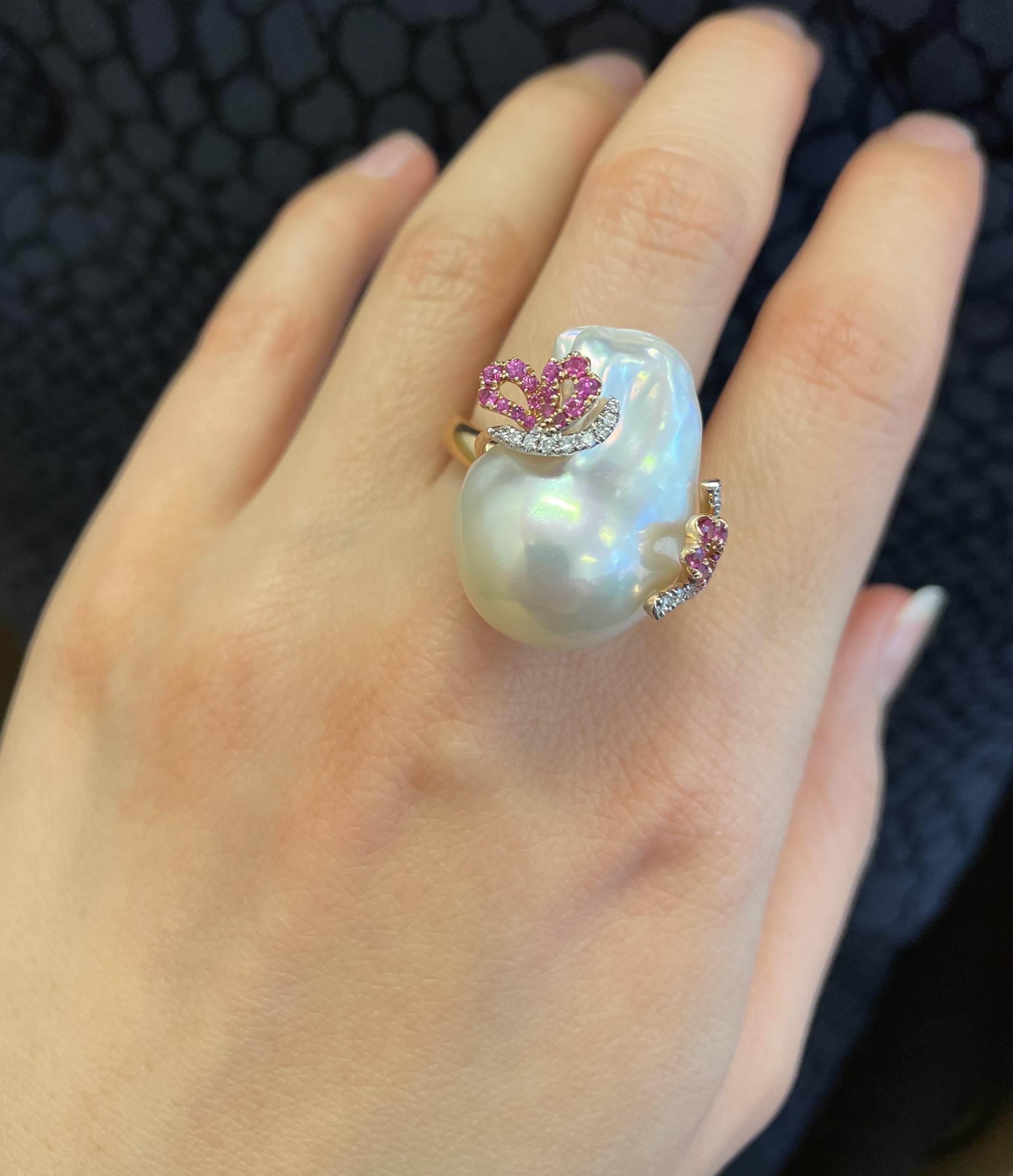 RUCHI Baroque-Shape Pearl, Pink Sapphire and Diamond White Gold Cocktail Ring In New Condition For Sale In New York, NY