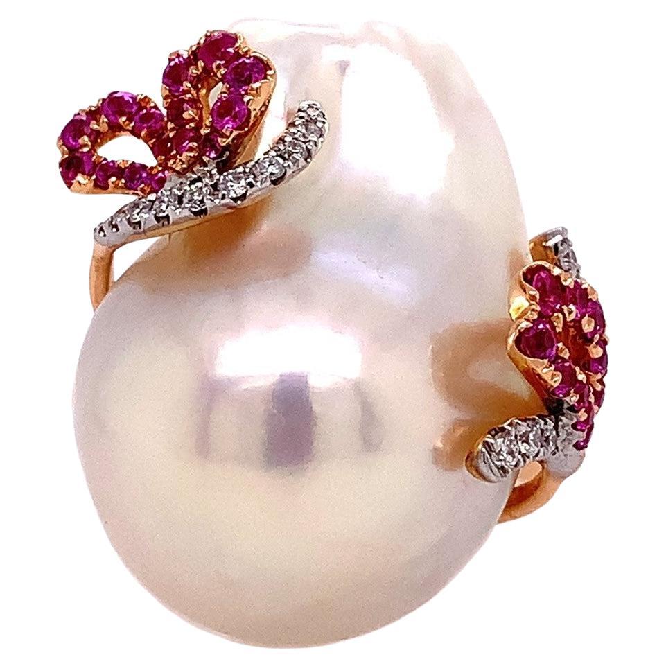RUCHI Baroque-Shape Pearl, Pink Sapphire and Diamond White Gold Cocktail Ring For Sale