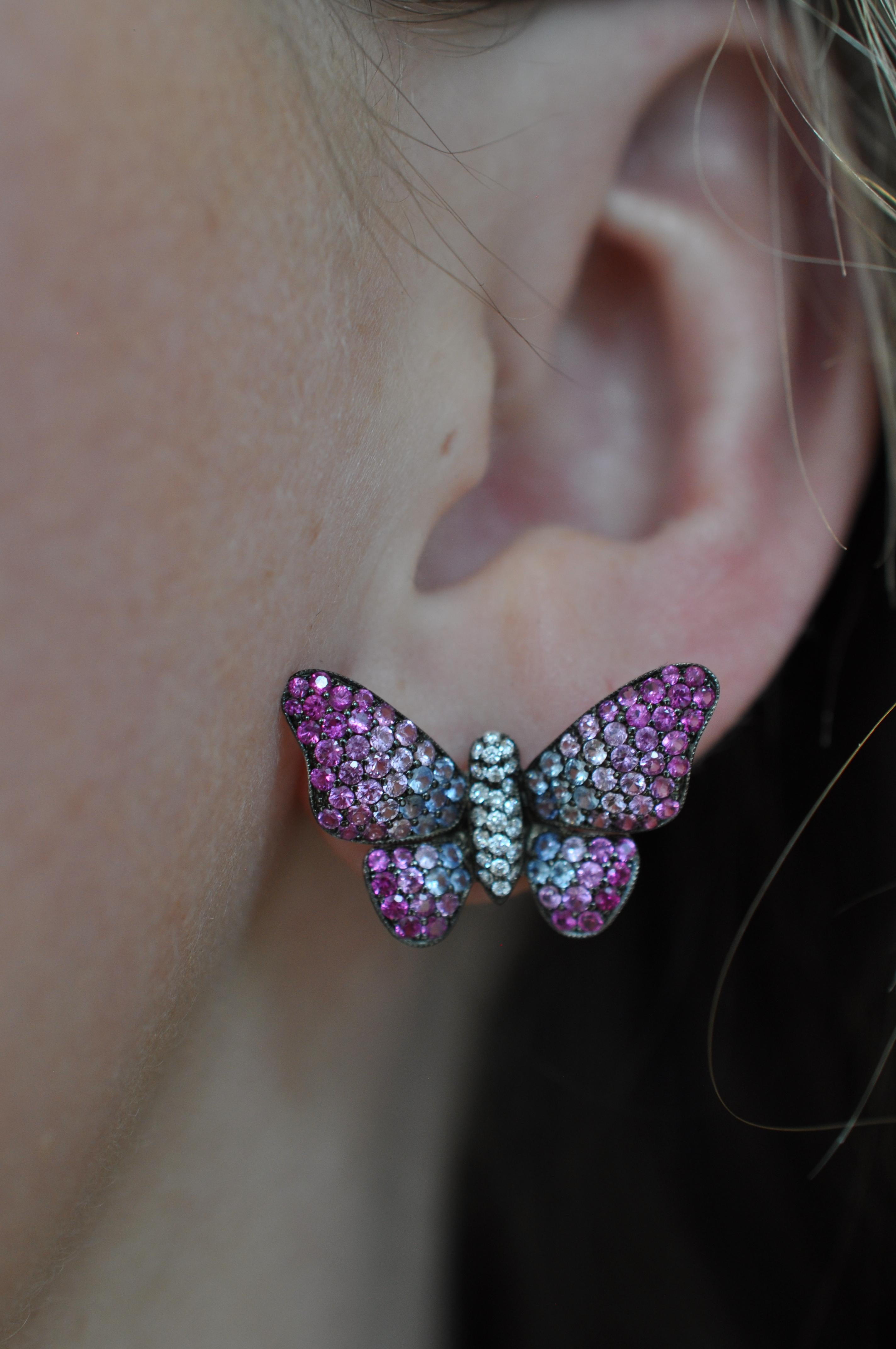 Round Cut Ruchi New York Pink, Blue Sapphire and Diamond Butterfly Stud Earrings