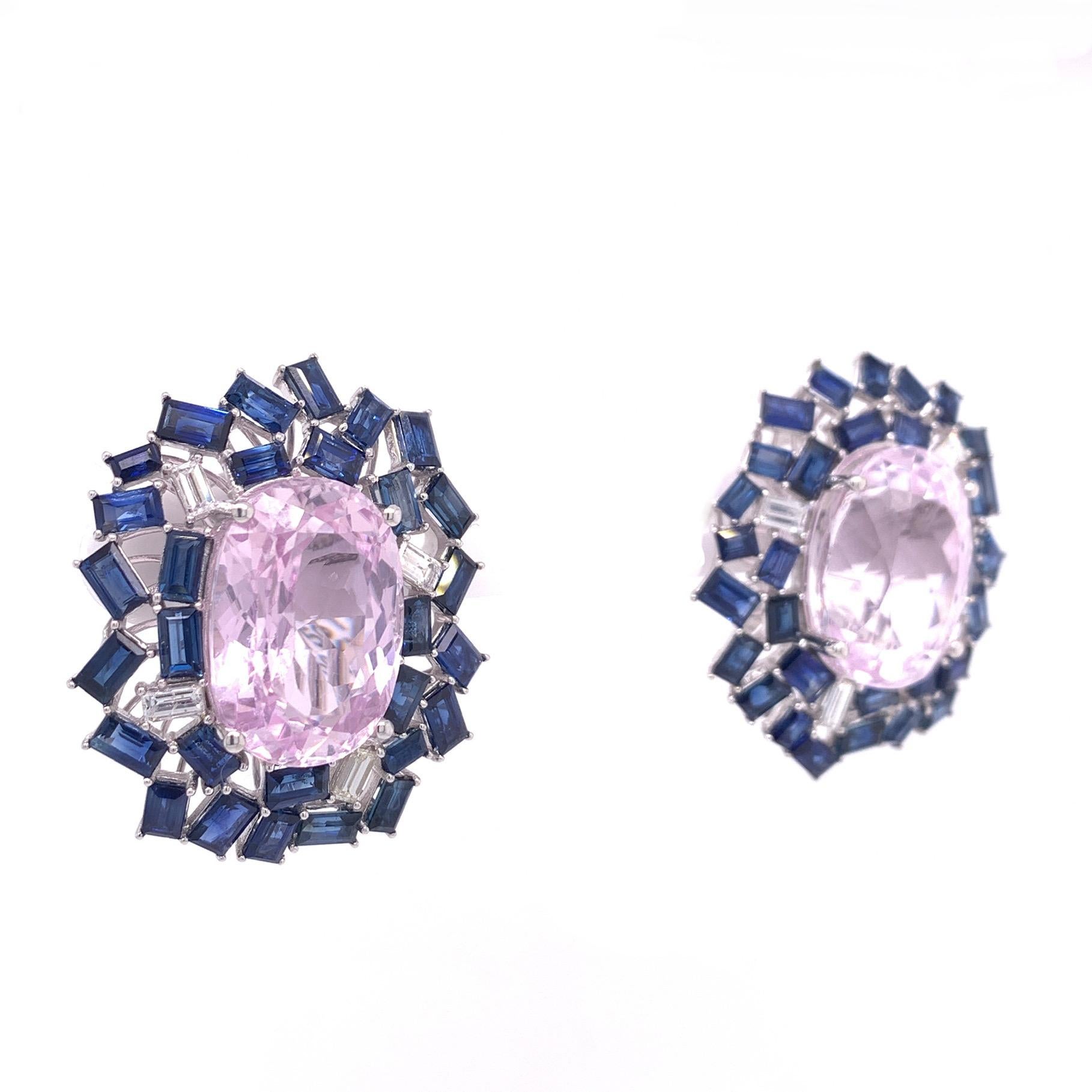Midnight Blue Collection

Oval shape pink Kunzite with blue Sapphire and Diamond baguette earrings. 

Kunzite: 22.23ct total weight.
Blue Sapphire: 8.17ct total weight.
Diamonds: 0.62ct total weight.
All diamonds are G-H/SI stones.