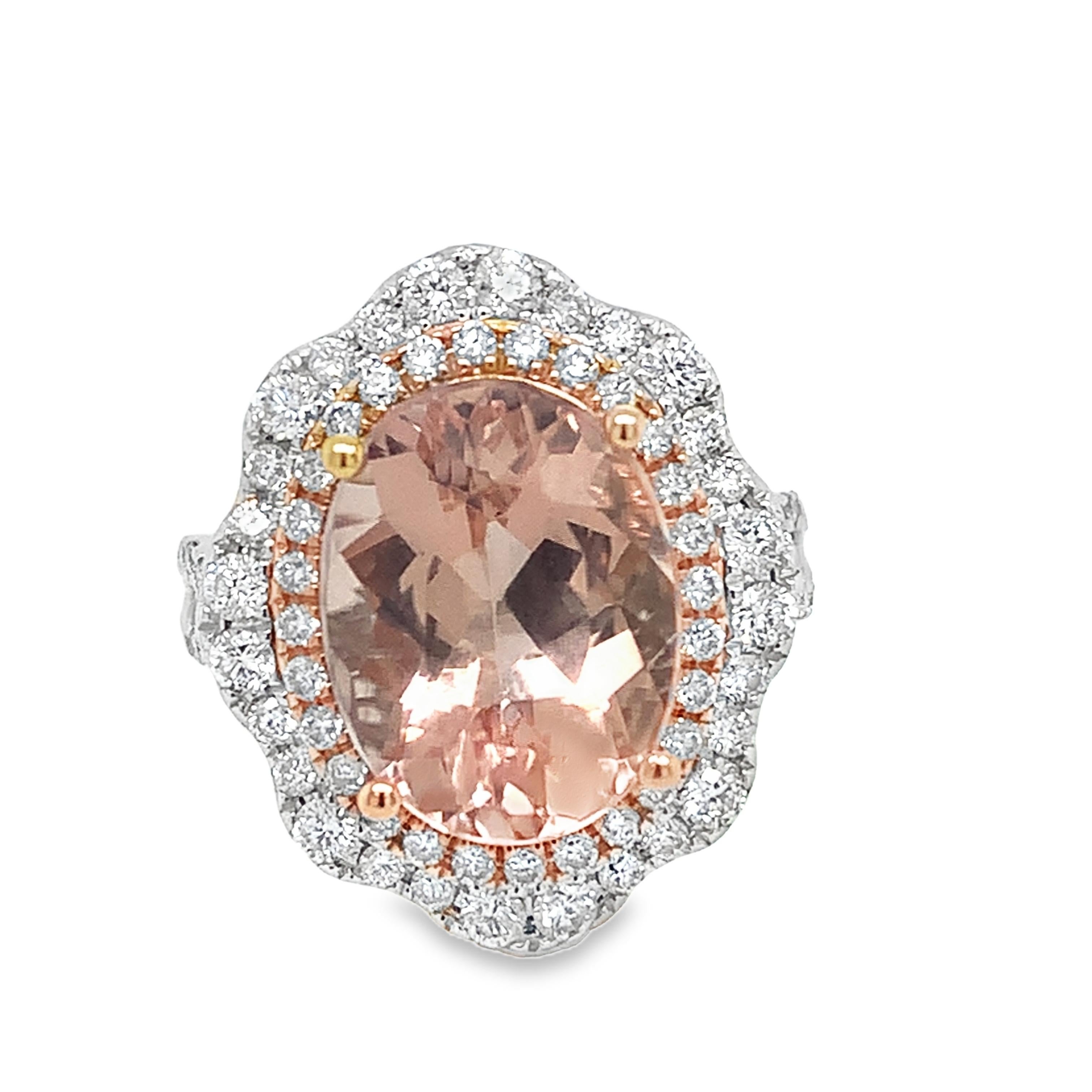 Palm Beach 

This beautiful pink morganite ring showcases a soft peach-pink center stone, surrounded by a sparkling halo of white diamonds.

Pink Morganite - 5.51 Cts

Diamonds - 0.98 Cts

All Diamonds are G-H/SI

