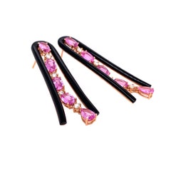 RUCHI Pink Sapphire, Black Agate and Diamond Yellow Gold U-Shape Dangle Earrings