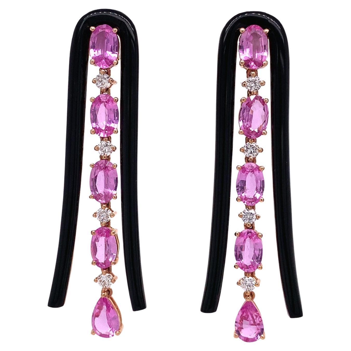 RUCHI Pink Sapphire, Black Agate and Diamond Yellow Gold U-Shape Dangle Earrings For Sale