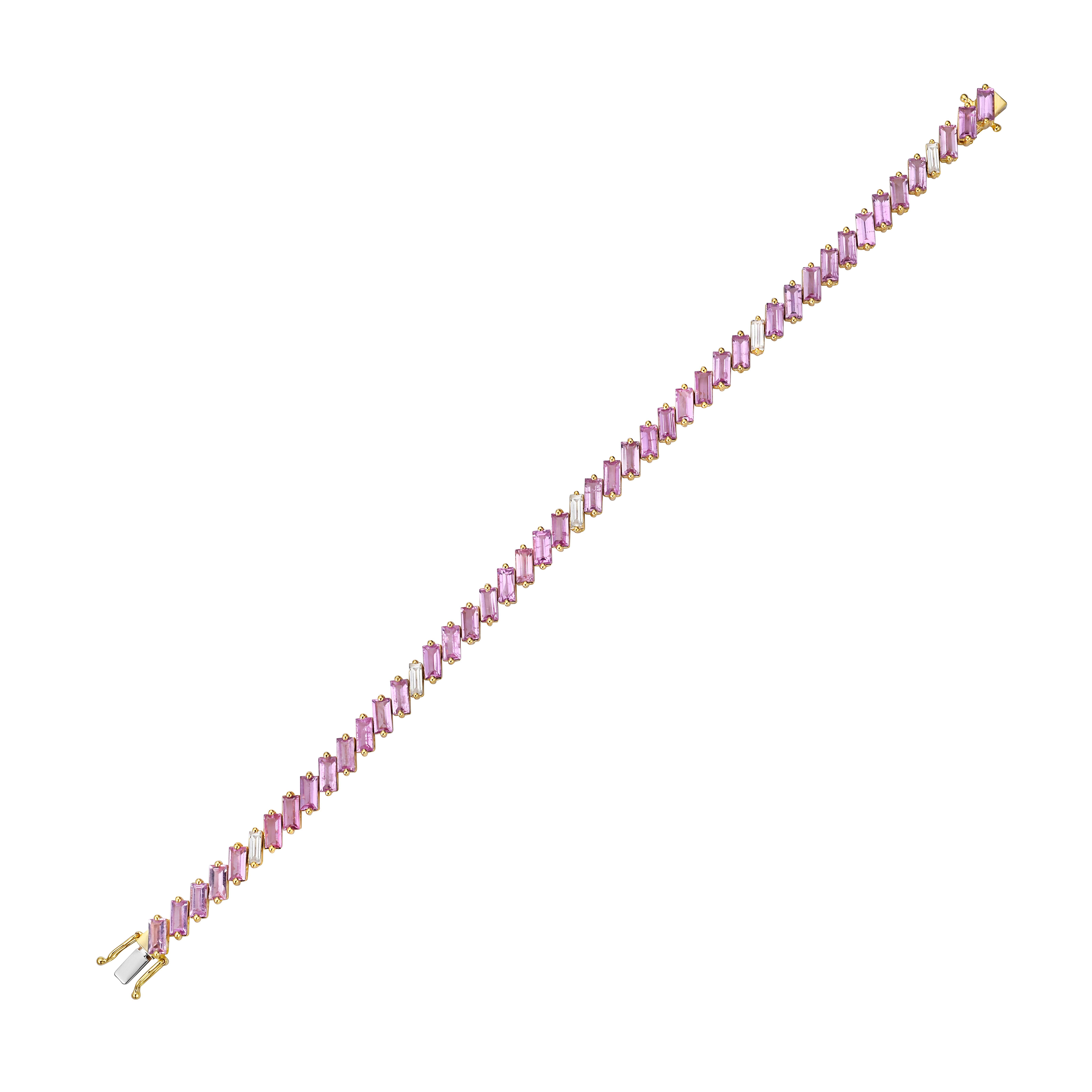 Contemporary RUCHI Baguette Pink Sapphire and Diamond Yellow Gold Asymmetrical Bracelet For Sale