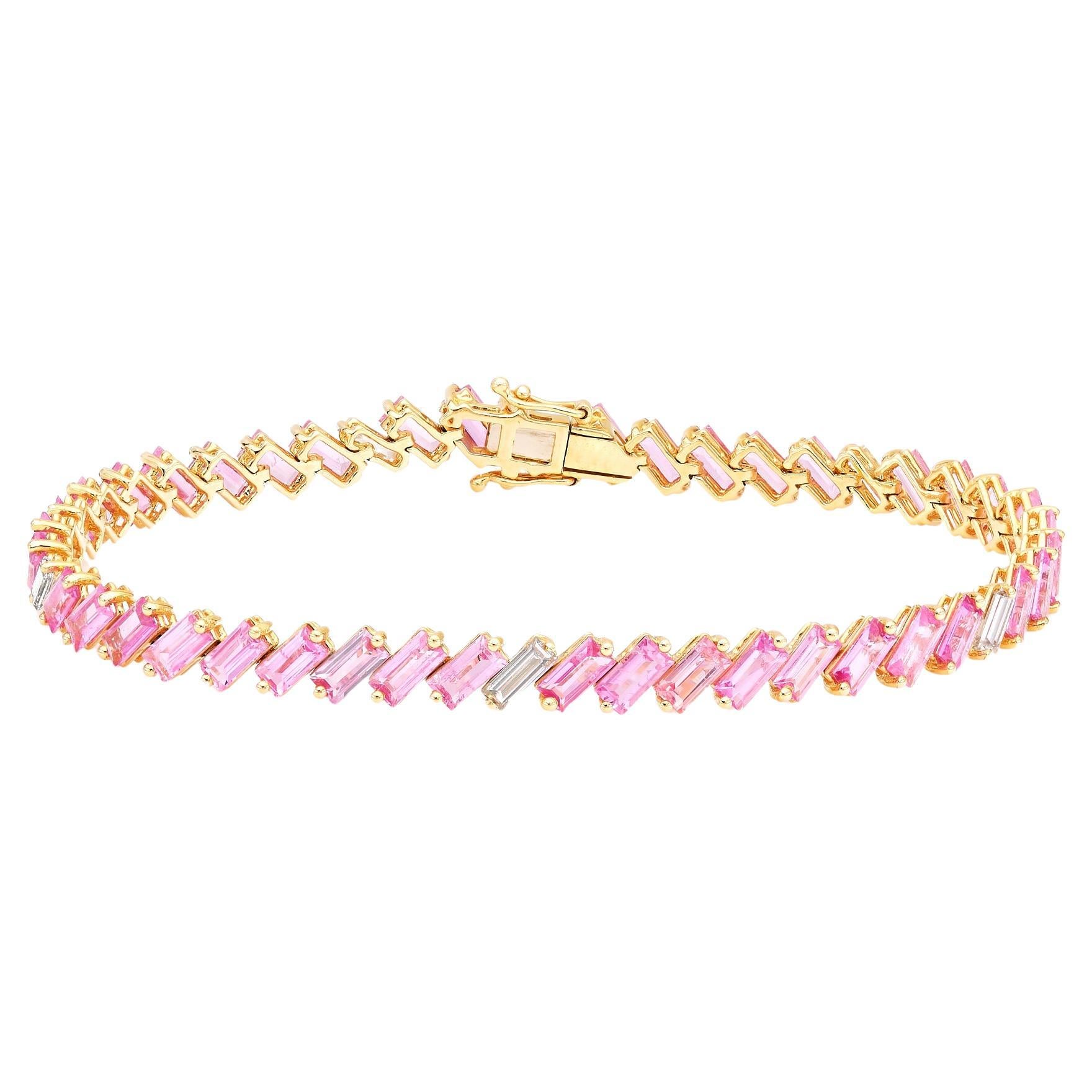RUCHI Baguette Pink Sapphire and Diamond Yellow Gold Asymmetrical Bracelet For Sale