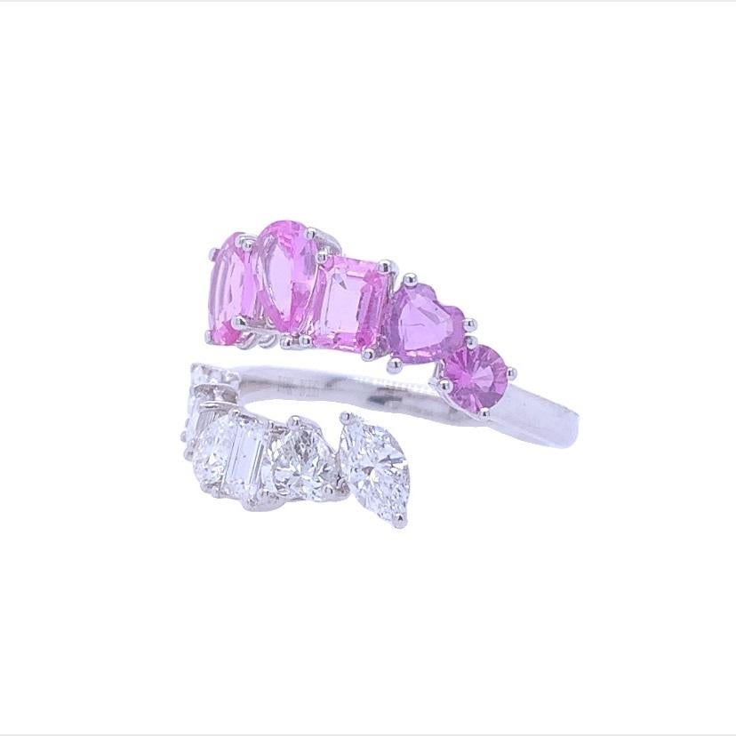 Contemporary RUCHI Mixed-Shape Pink Sapphire and Diamond White Gold Bypass Ring For Sale