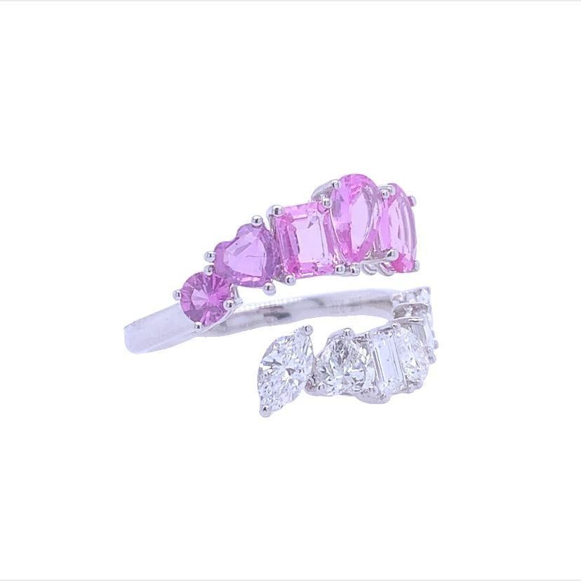Mixed Cut RUCHI Mixed-Shape Pink Sapphire and Diamond White Gold Bypass Ring For Sale