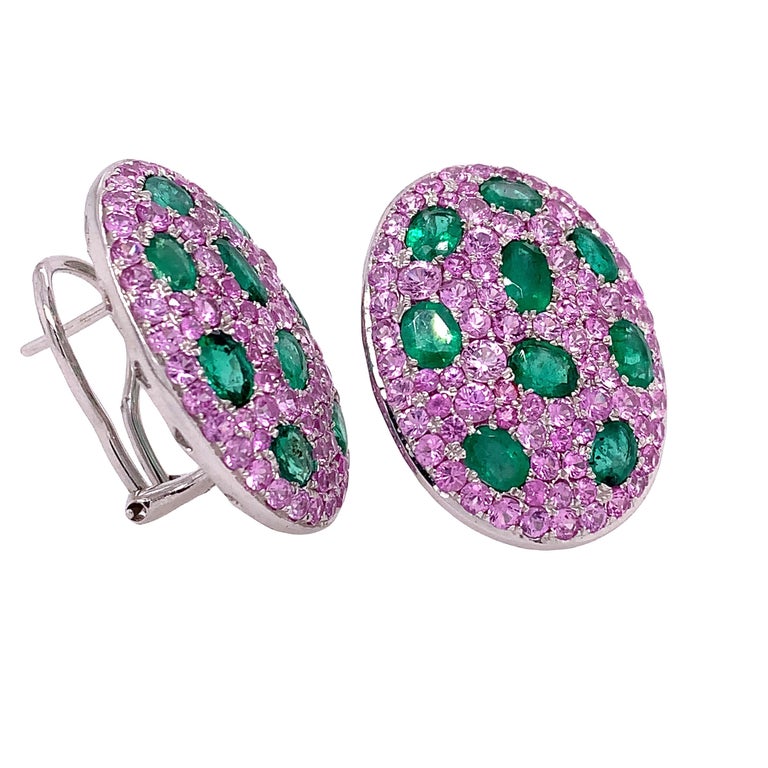 Contemporary Ruchi New York Pink Sapphire and Emerald Earring For Sale