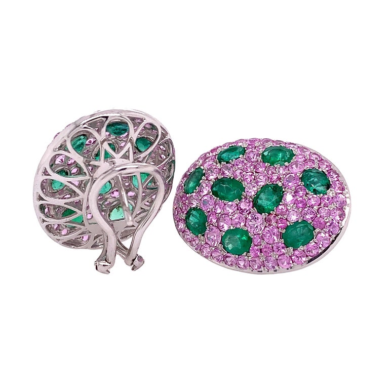 Mixed Cut Ruchi New York Pink Sapphire and Emerald Earring For Sale