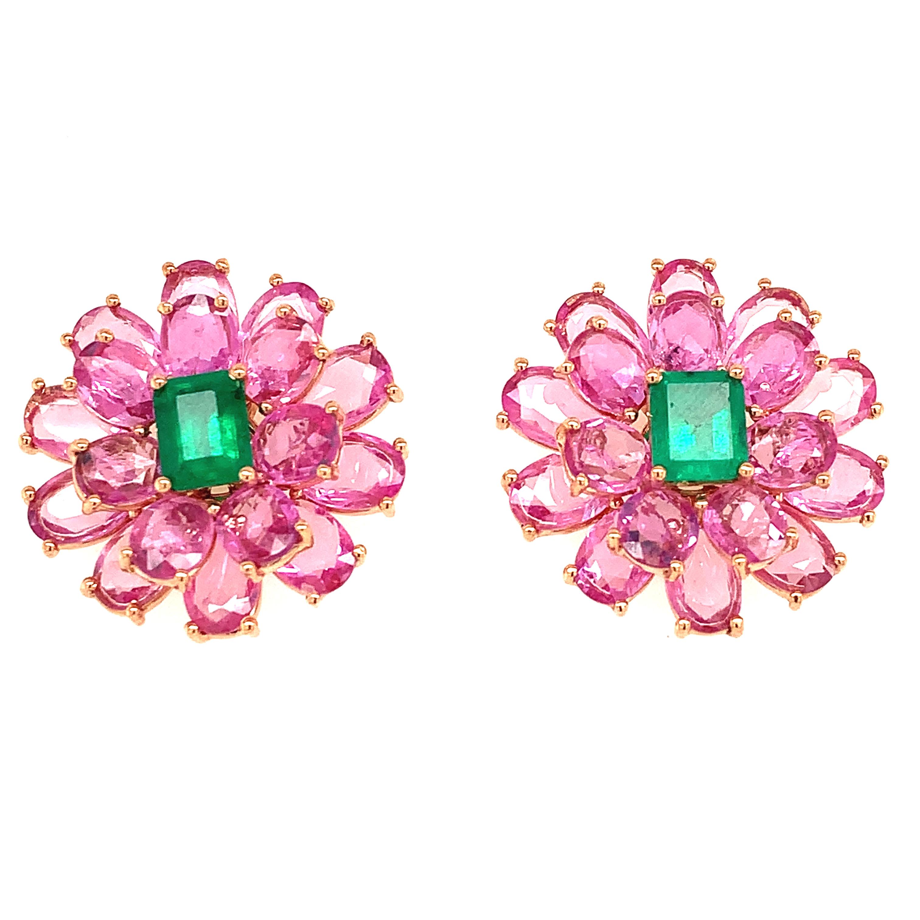 Contemporary Ruchi New York Pink Sapphire and Emerald Flower Stud Earrings