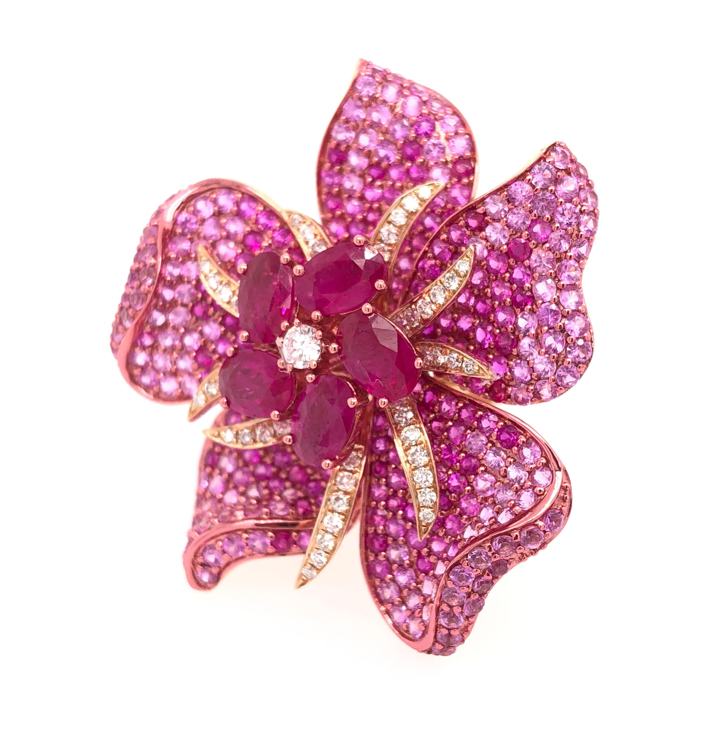 Contemporary Ruchi New York Pink Sapphire and Ruby Flower Cocktail Ring