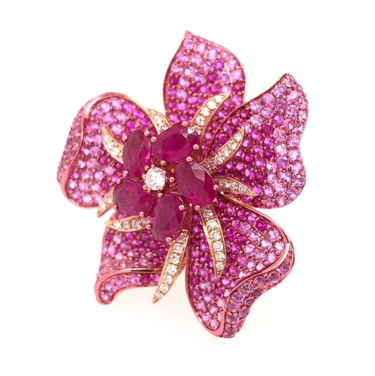Ruchi New York Pink Sapphire and Ruby Flower Cocktail Ring at 1stDibs