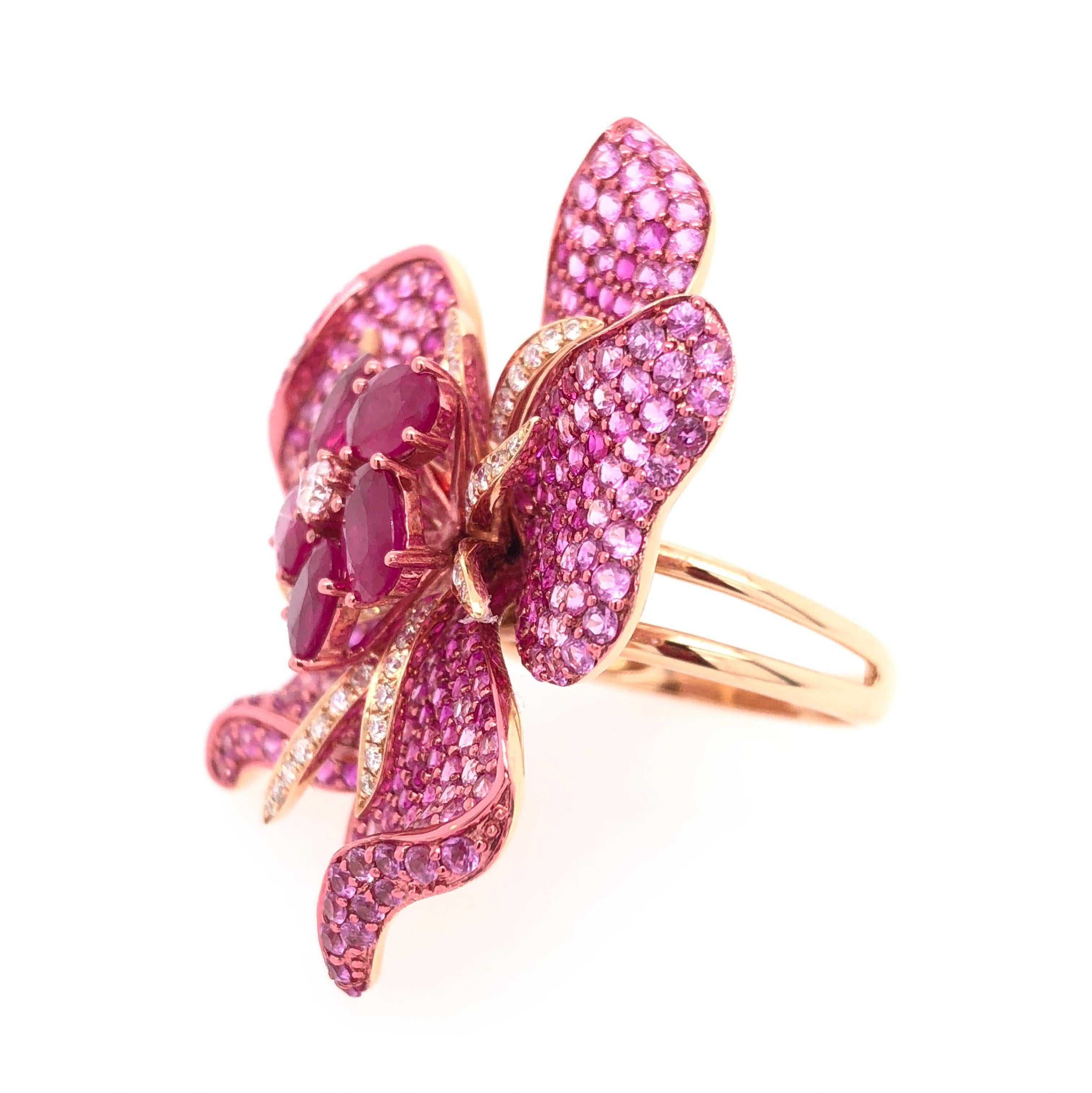 Oval Cut Ruchi New York Pink Sapphire and Ruby Flower Cocktail Ring