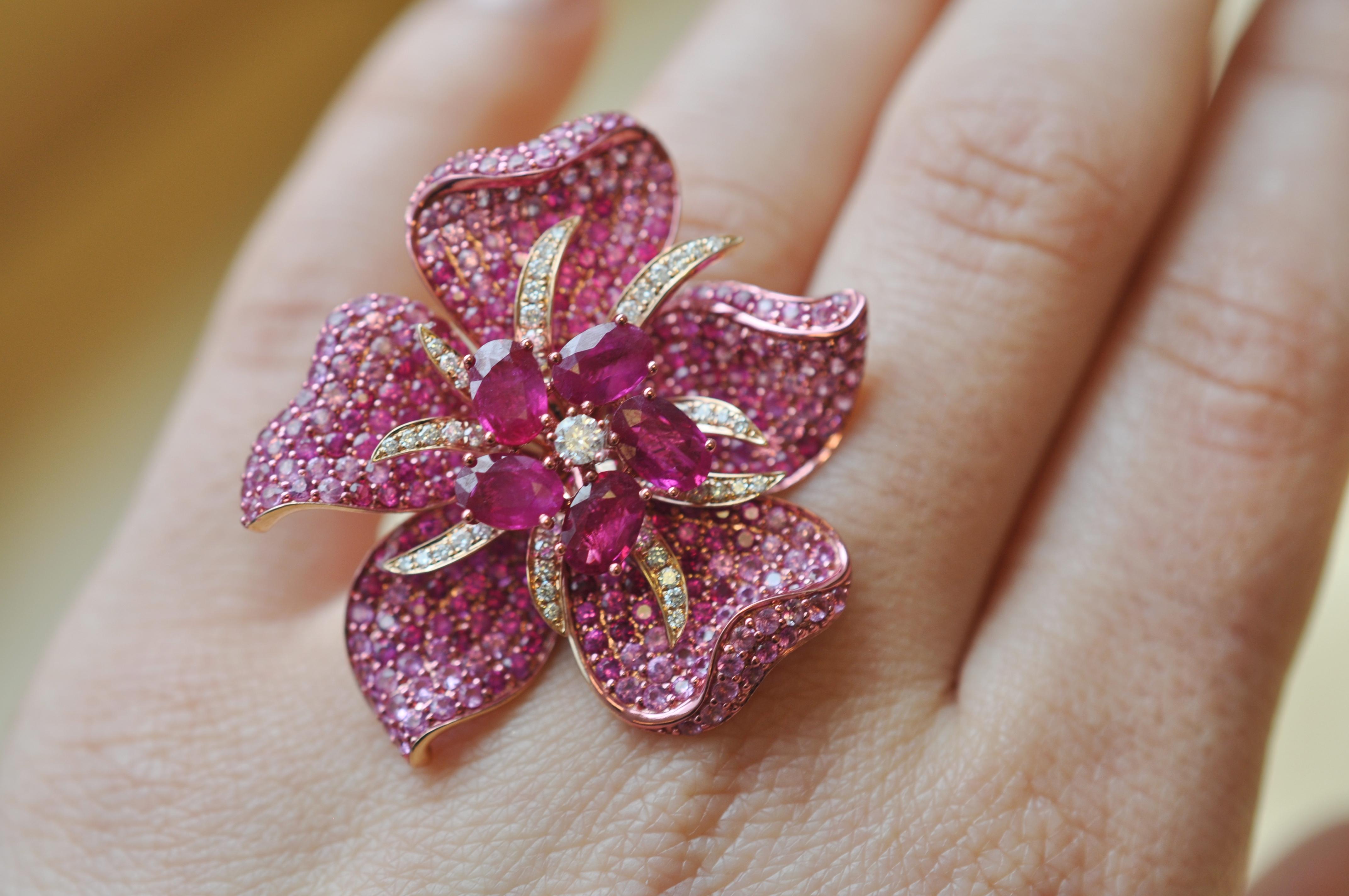Women's Ruchi New York Pink Sapphire and Ruby Flower Cocktail Ring