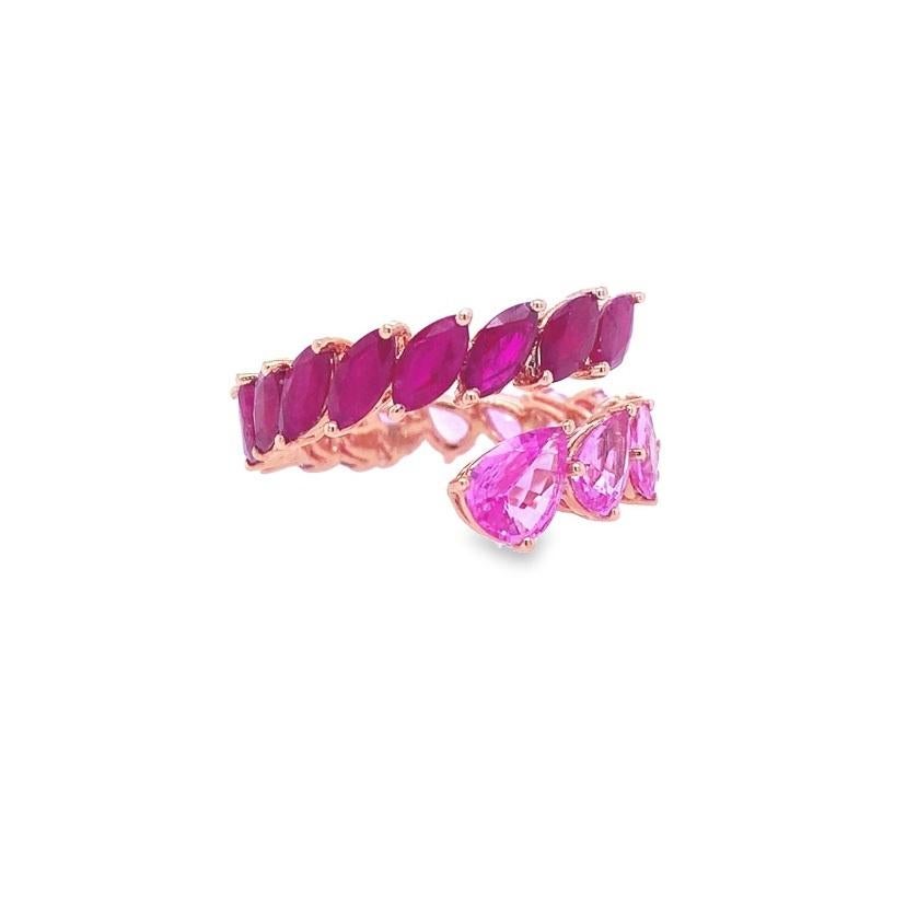 Contemporary RUCHI Pear-Shaped Ruby & Pink Sapphire Rose Gold Bypass Ring For Sale