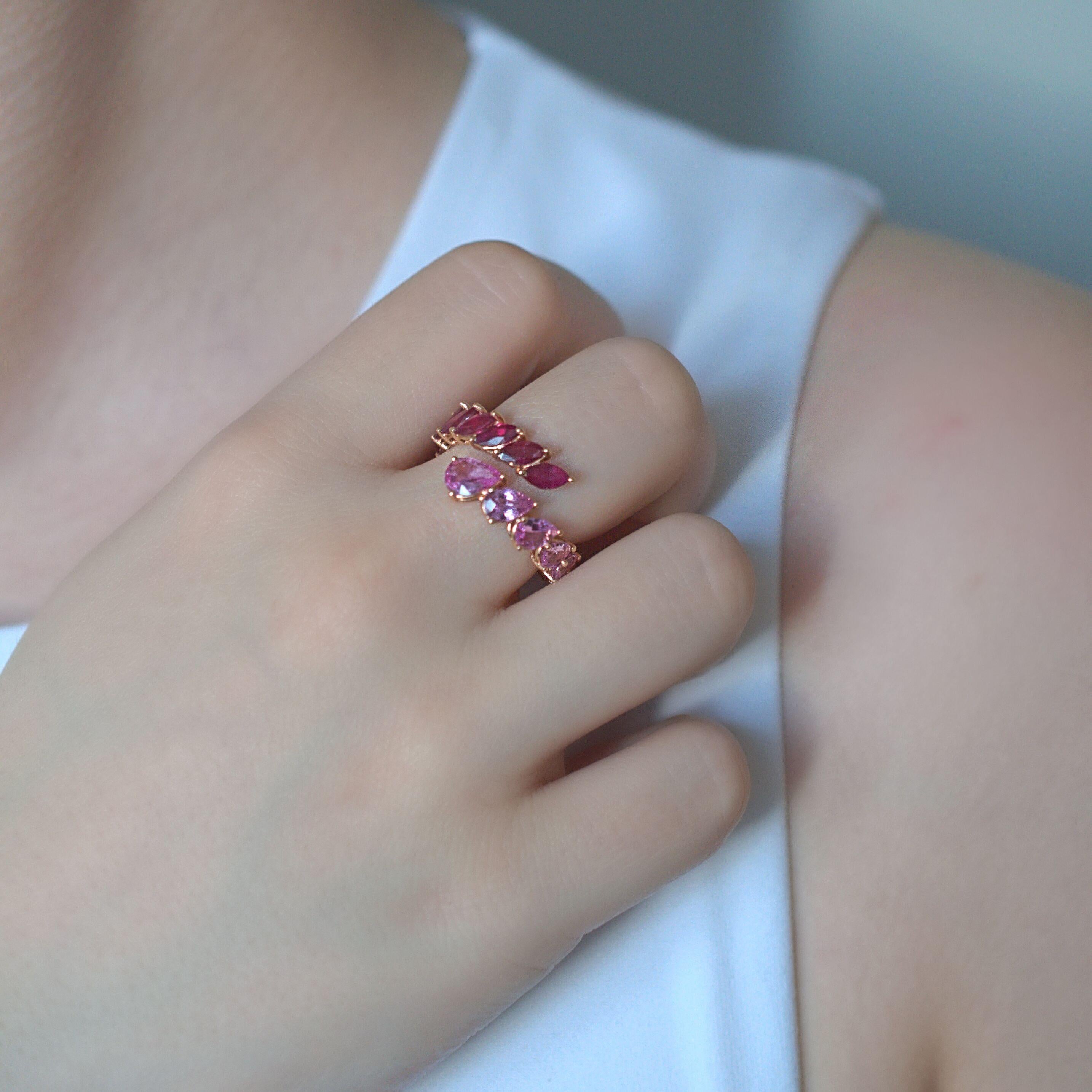 Mixed Cut RUCHI Pear-Shaped Ruby & Pink Sapphire Rose Gold Bypass Ring For Sale