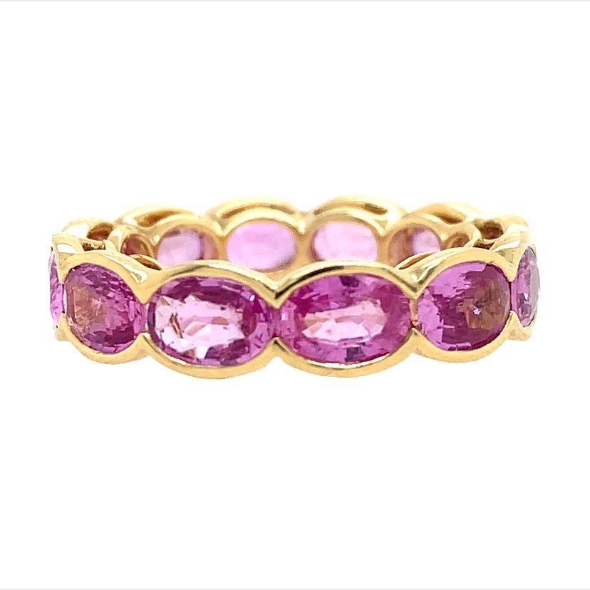 Oval Cut RUCHI Oval-Shaped Pink Sapphire Yellow Gold Band For Sale