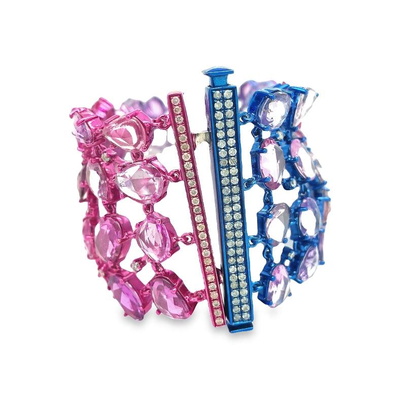 Mixed Cut RUCHI Pink Sapphire and Diamond Multi-Colored Rhodium Wide Bracelet For Sale