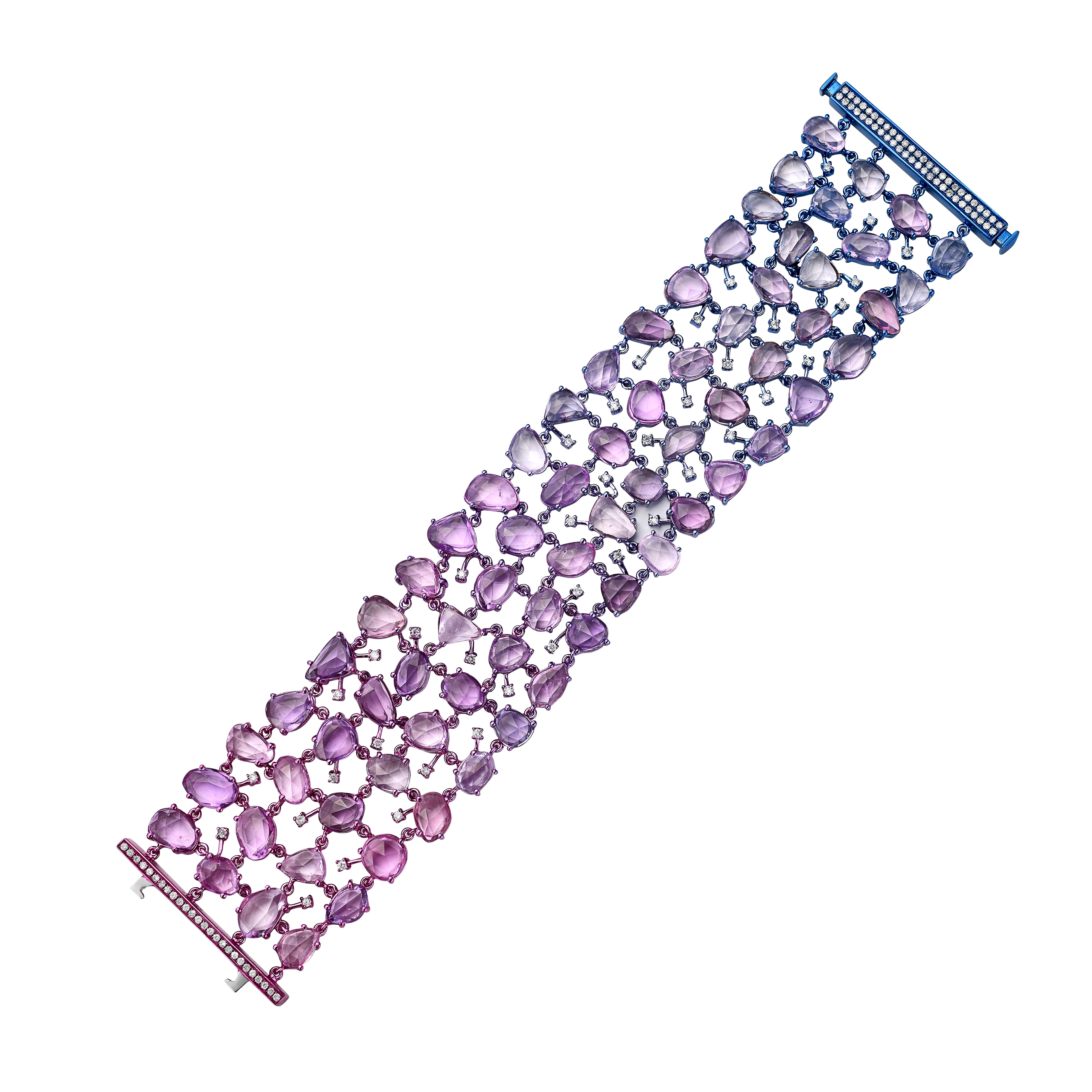 Contemporary RUCHI Pink Sapphire and Diamond Multi-Colored Rhodium Wide Bracelet For Sale