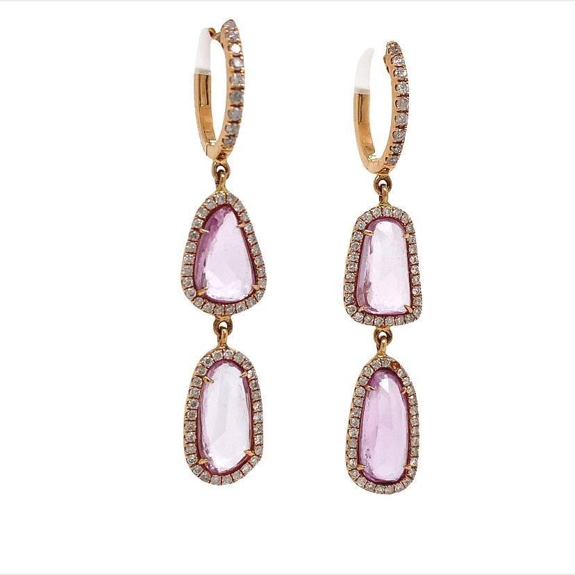 Contemporary RUCHI Pink Sapphire Slice with Pavé Diamond Rose Gold Drop Earrings For Sale