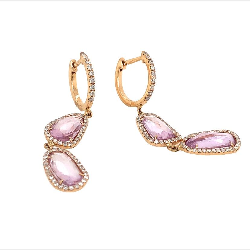 Mixed Cut RUCHI Pink Sapphire Slice with Pavé Diamond Rose Gold Drop Earrings For Sale