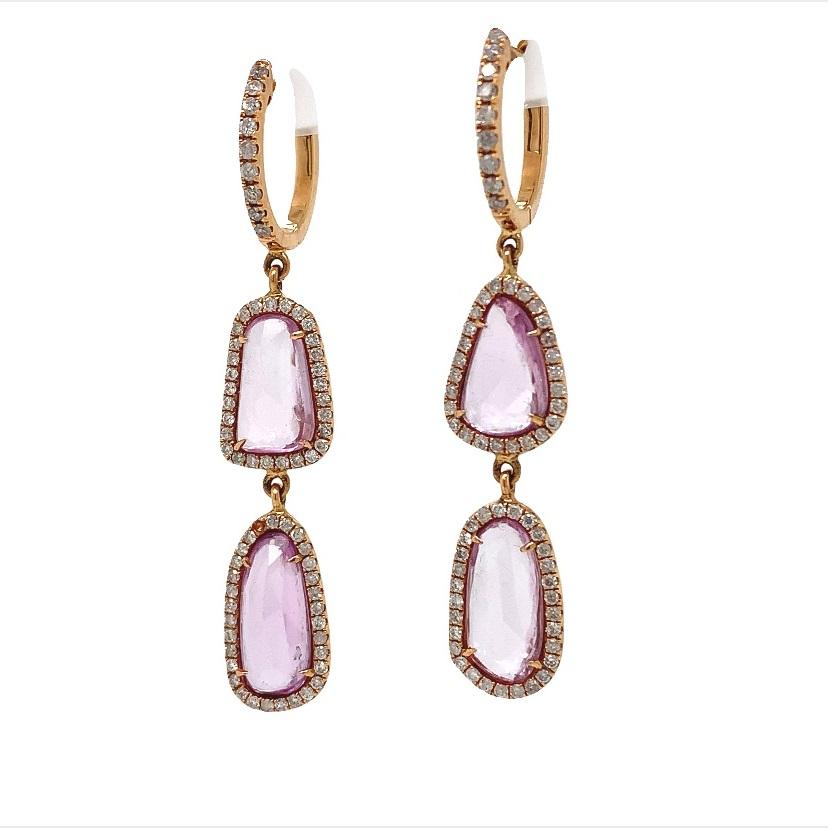 RUCHI Pink Sapphire Slice with Pavé Diamond Rose Gold Drop Earrings In New Condition For Sale In New York, NY