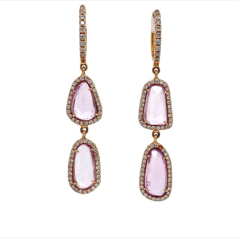 RUCHI Pink Sapphire Slice mit Pavé-Diamant Tropfenohrringe aus Roségold Damen im Angebot