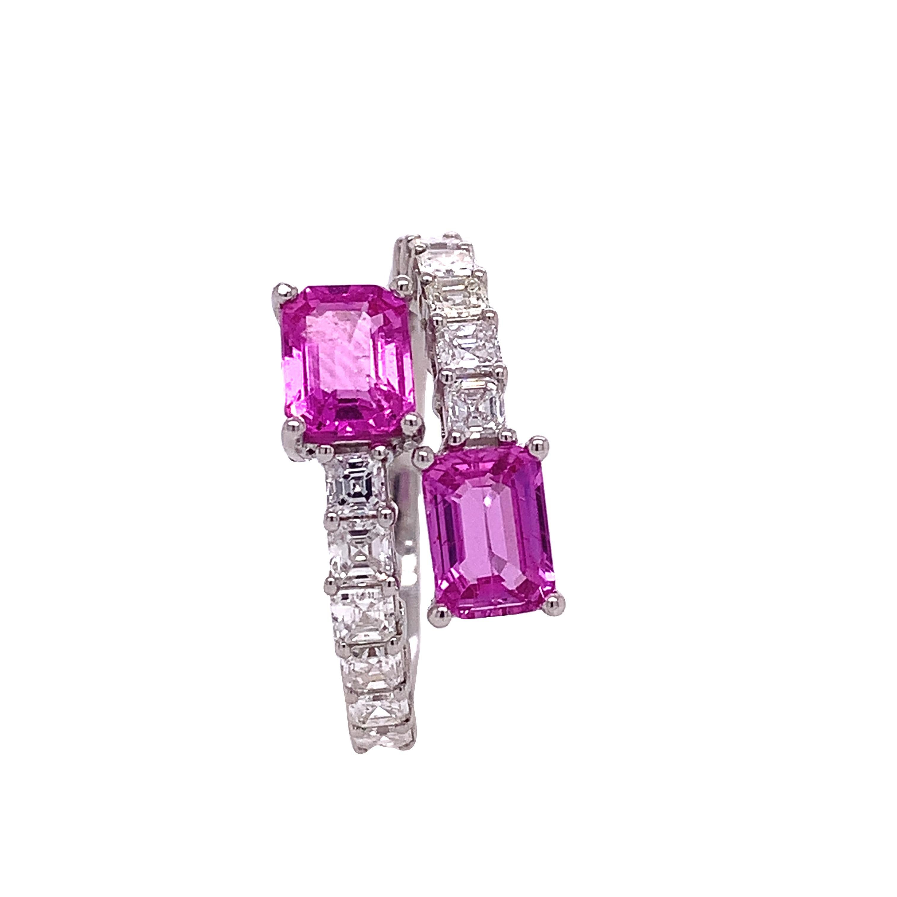 Pink Rose Collection

This 18K white gold ring is set with Pink Sapphire in the center linked by diamonds .The two center stone and the halo are set in a by-pass style; thereby, allowing the diamond to sparkle and the pink sapphire to stand
