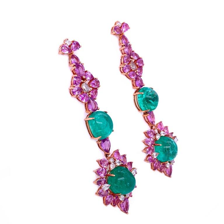 Contemporary Ruchi New York Pink Sapphire, Emerald and Diamond Drop Earrings