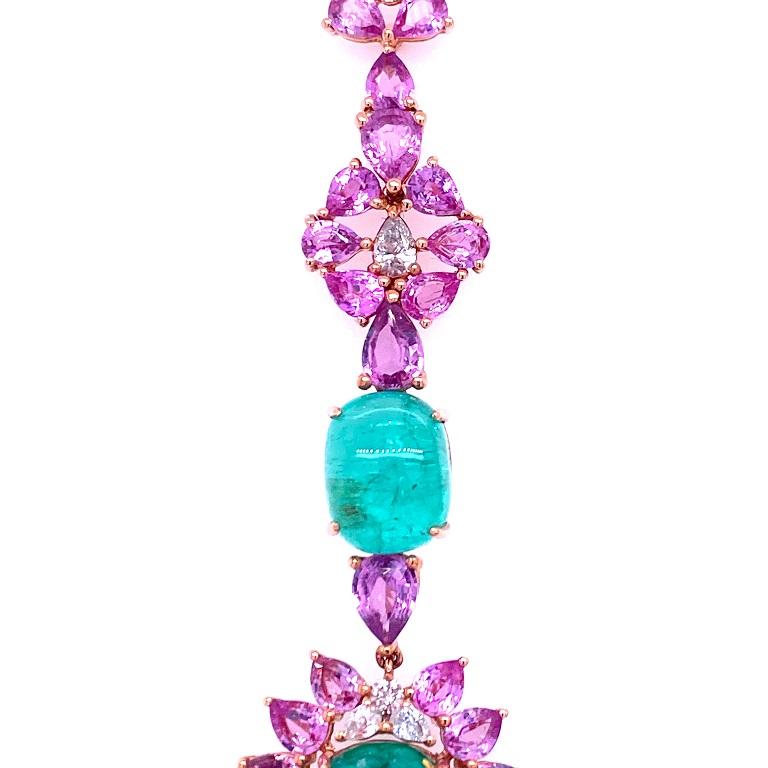 Pear Cut Ruchi New York Pink Sapphire, Emerald and Diamond Drop Earrings