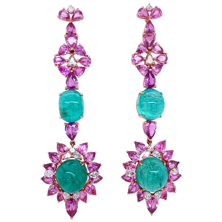Ruchi New York Pink Sapphire, Emerald and Diamond Drop Earrings