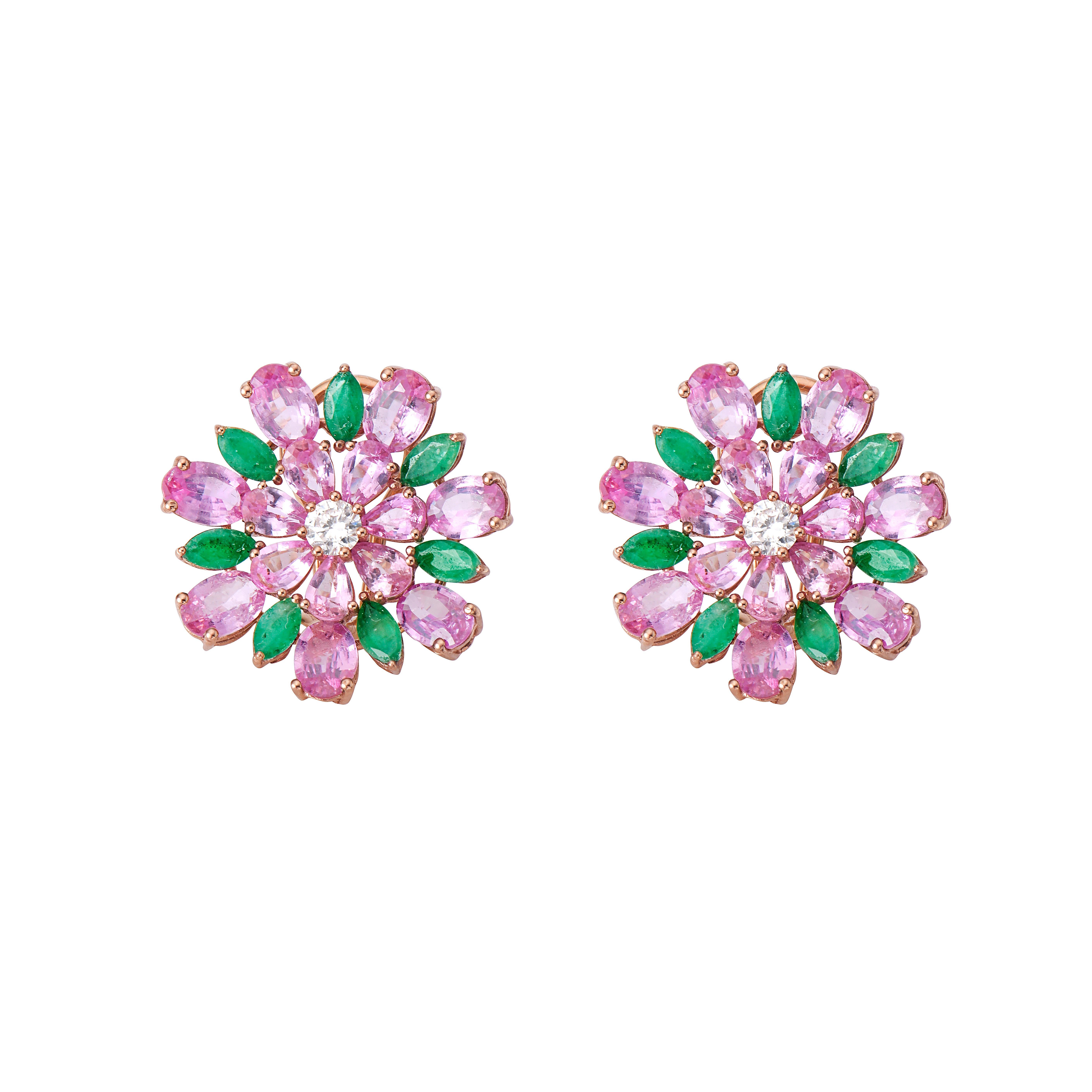 RUCHI Pink Sapphire, Emerald and Diamond Rose Gold Flower Stud Earrings
